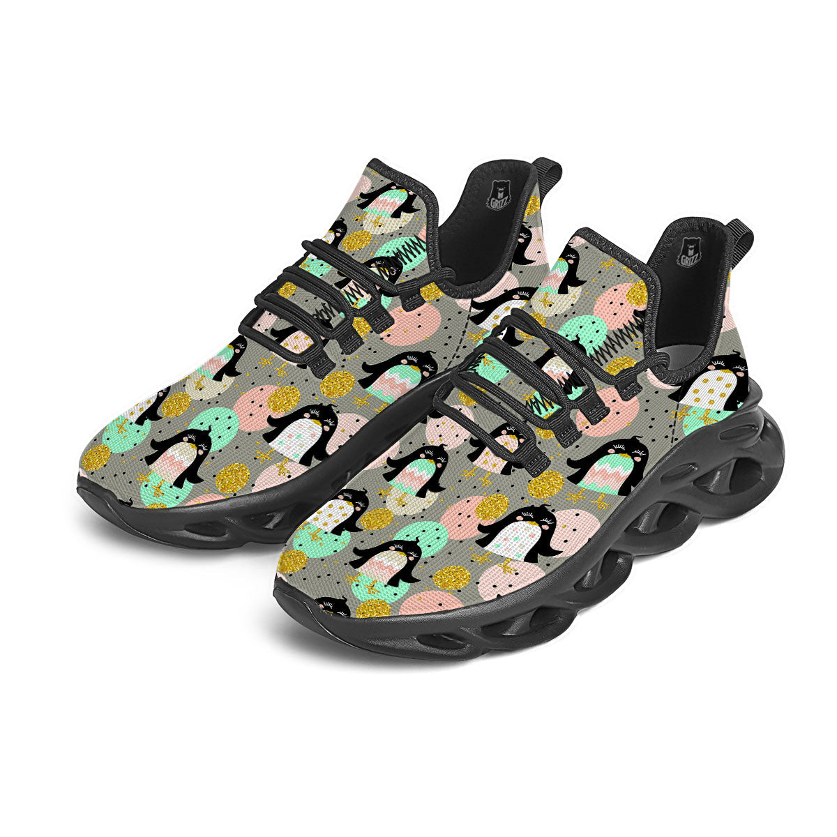 Penguin Pink Polka Print Pattern Black Running Shoes-grizzshop
