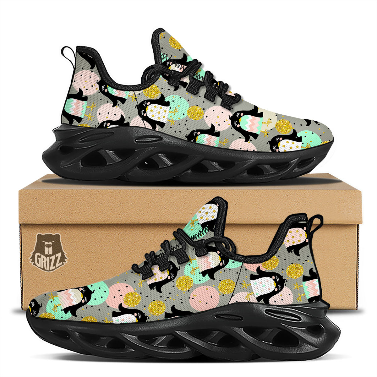 Penguin Pink Polka Print Pattern Black Running Shoes-grizzshop