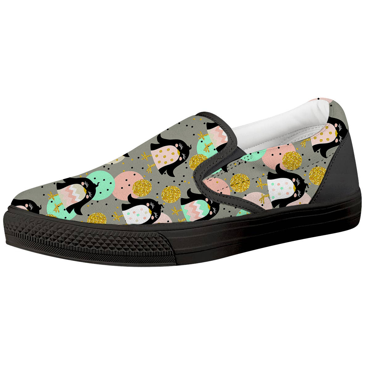 Penguin Pink Polka Print Pattern Black Slip On Shoes-grizzshop