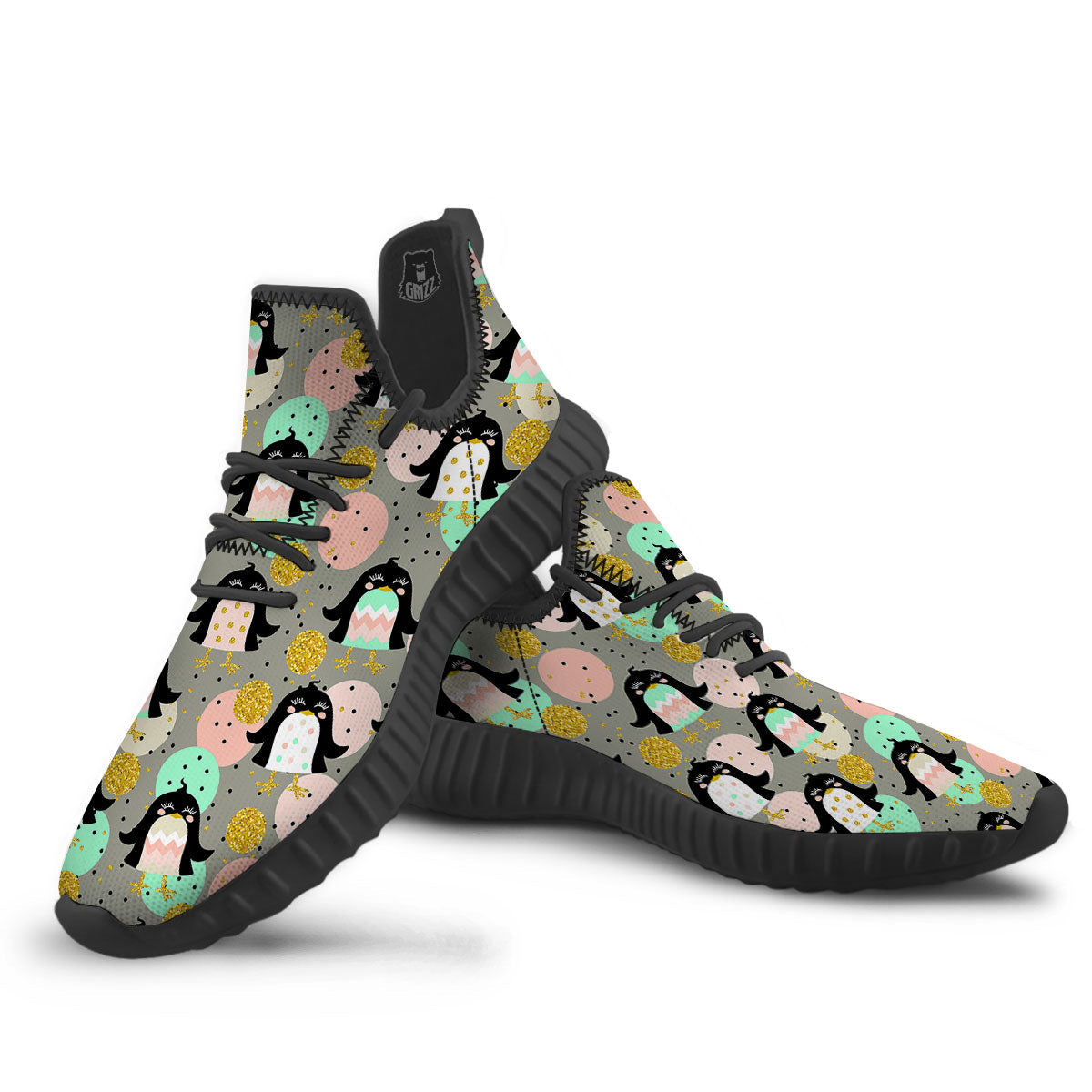 Penguin Pink Polka Print Pattern Black Walking Shoes-grizzshop