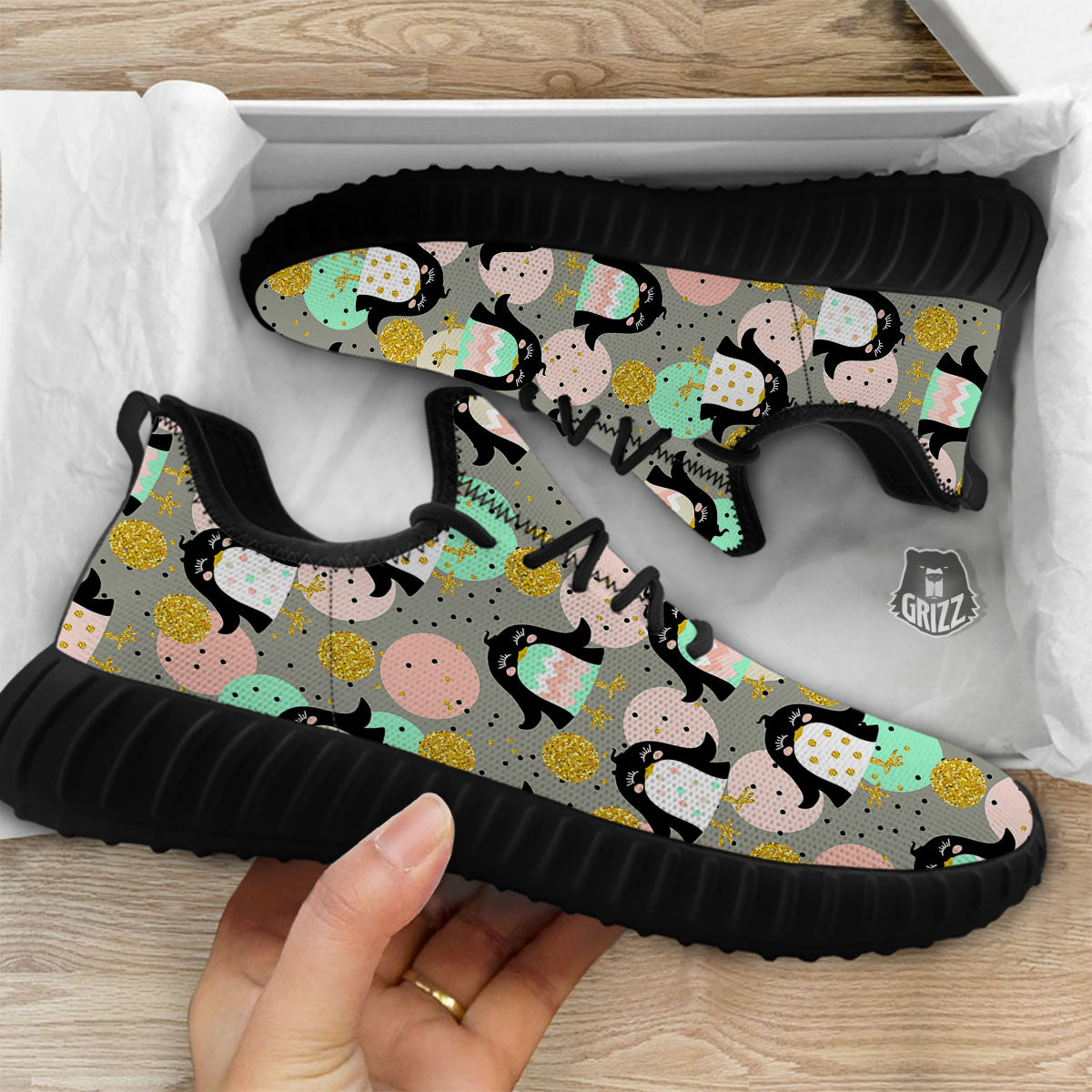 Penguin Pink Polka Print Pattern Black Walking Shoes-grizzshop