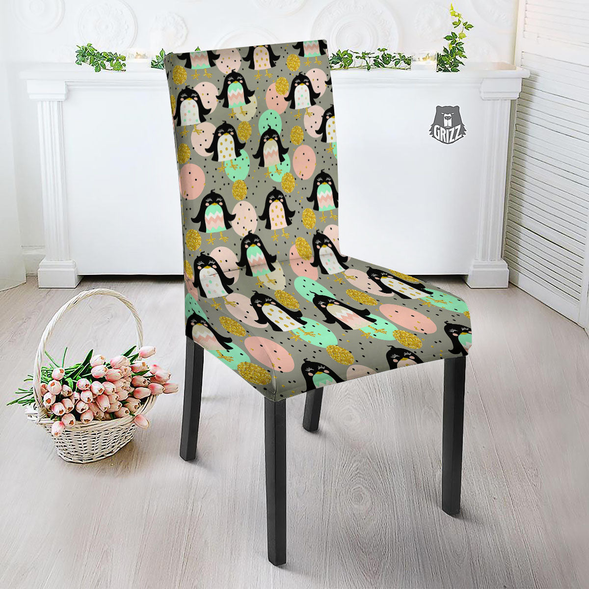 Penguin Pink Polka Print Pattern Dining Chair Slipcover-grizzshop