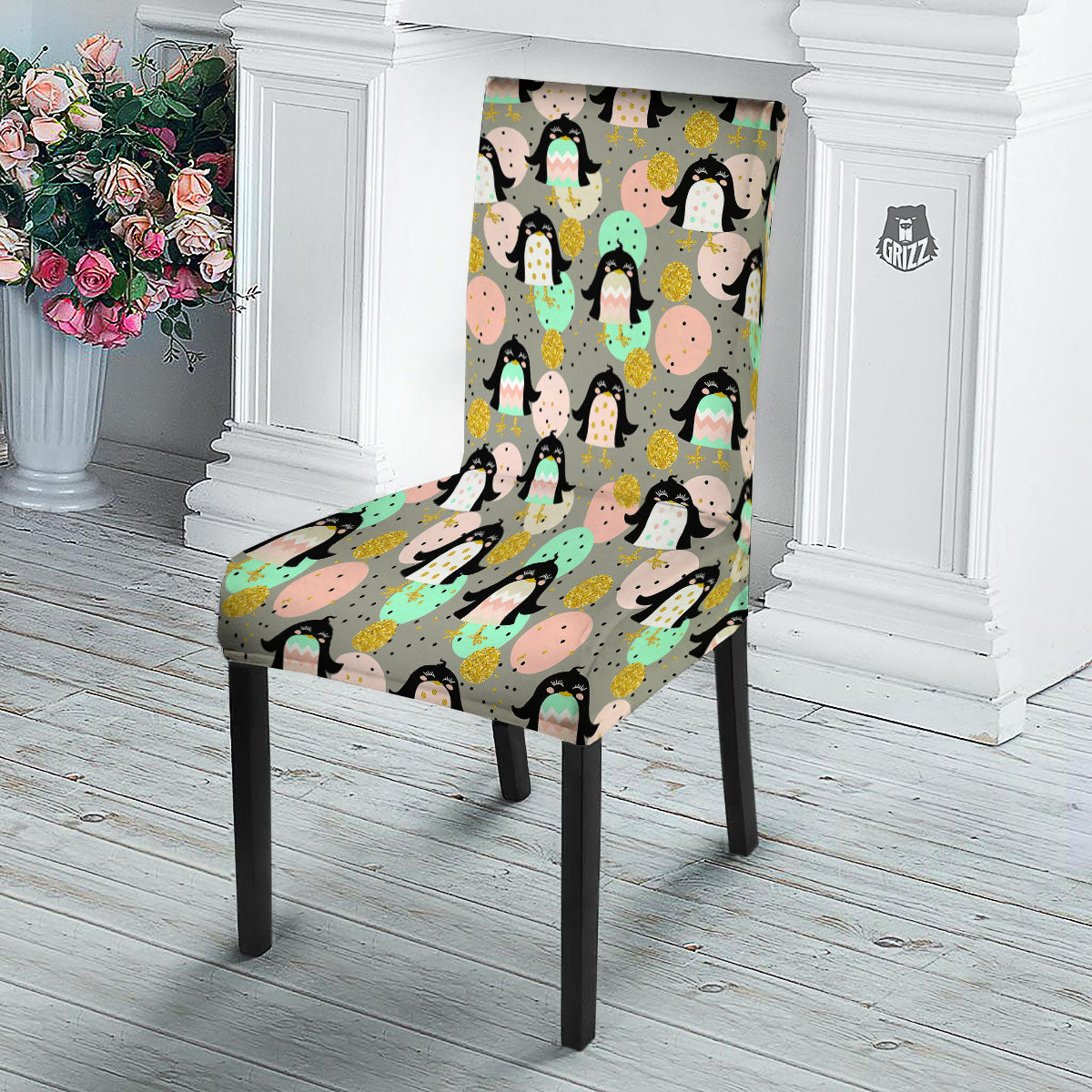 Penguin Pink Polka Print Pattern Dining Chair Slipcover-grizzshop