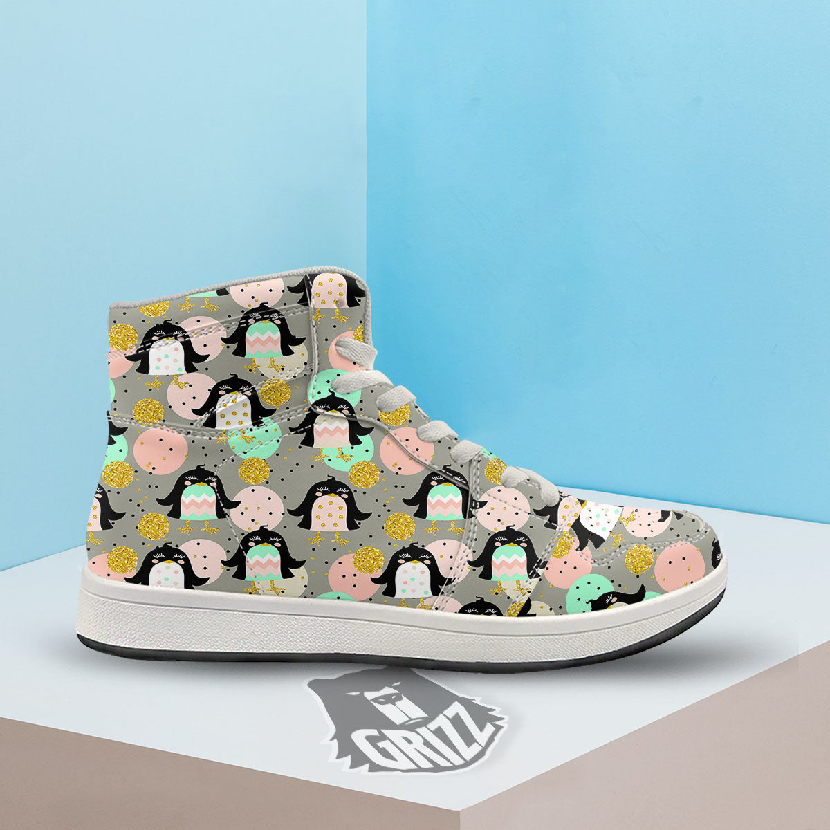 Penguin Pink Polka Print Pattern High Top Sneakers-grizzshop