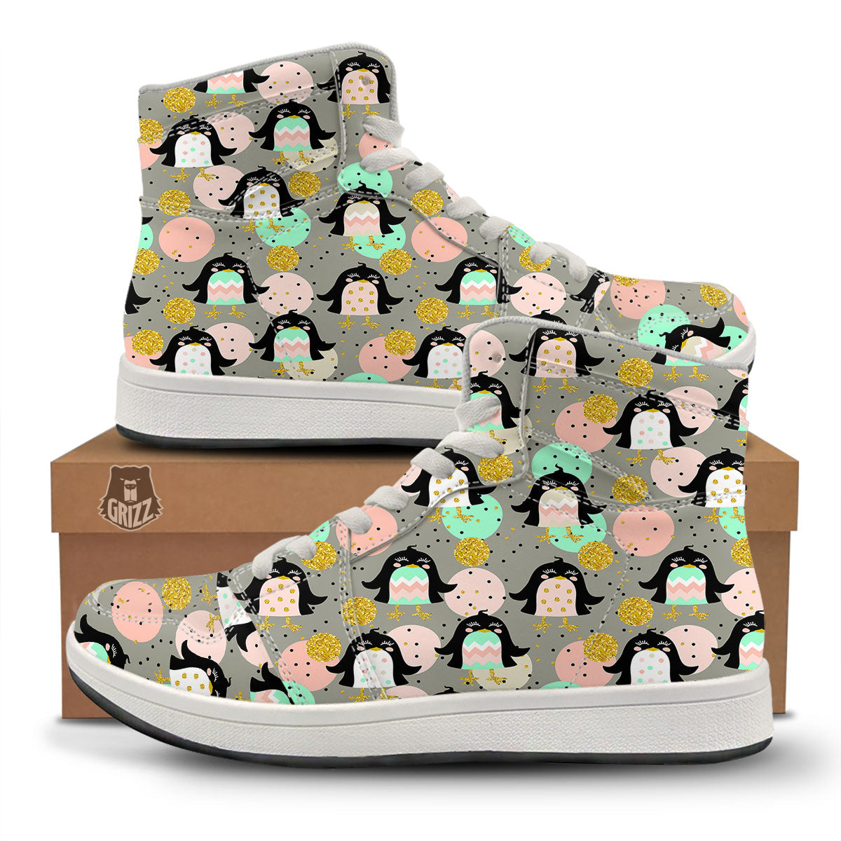 Penguin Pink Polka Print Pattern High Top Sneakers-grizzshop