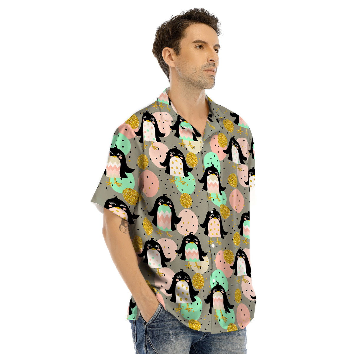Penguin Pink Polka Print Pattern Men's Hawaiian Shirt-grizzshop