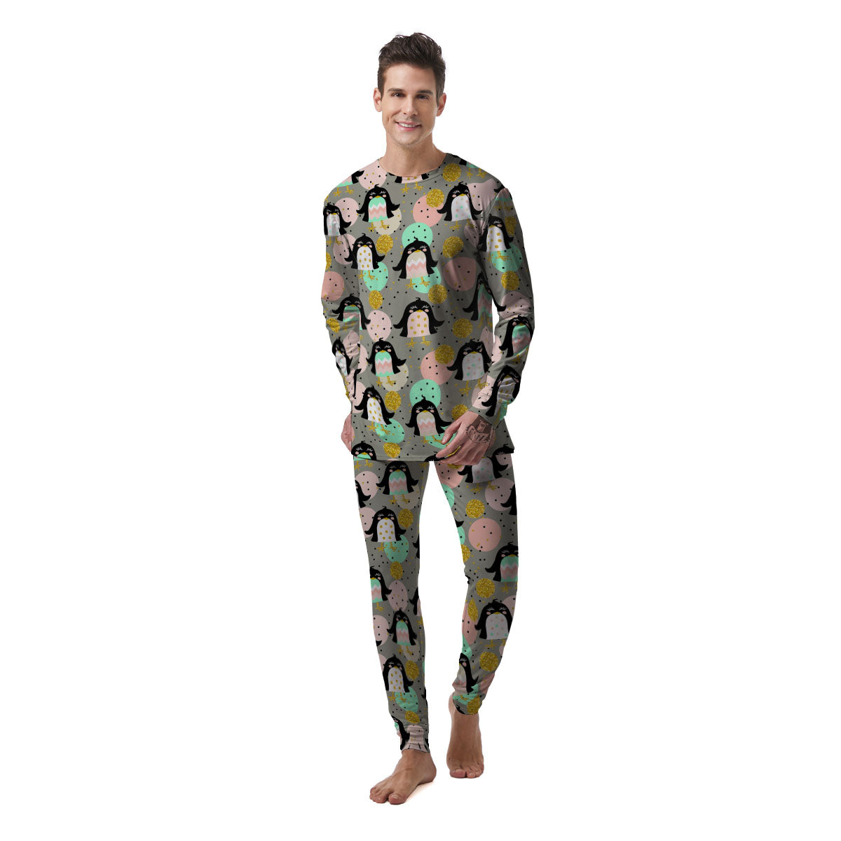 Penguin Pink Polka Print Pattern Men's Pajamas-grizzshop