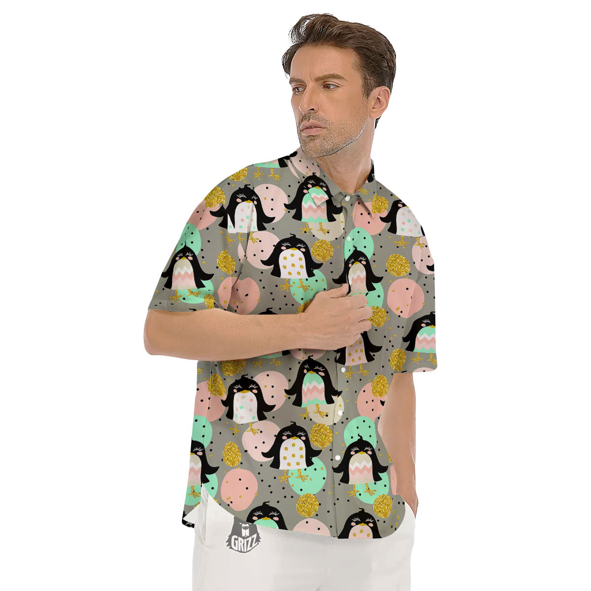 Penguin Pink Polka Print Pattern Men's Short Sleeve Shirts-grizzshop