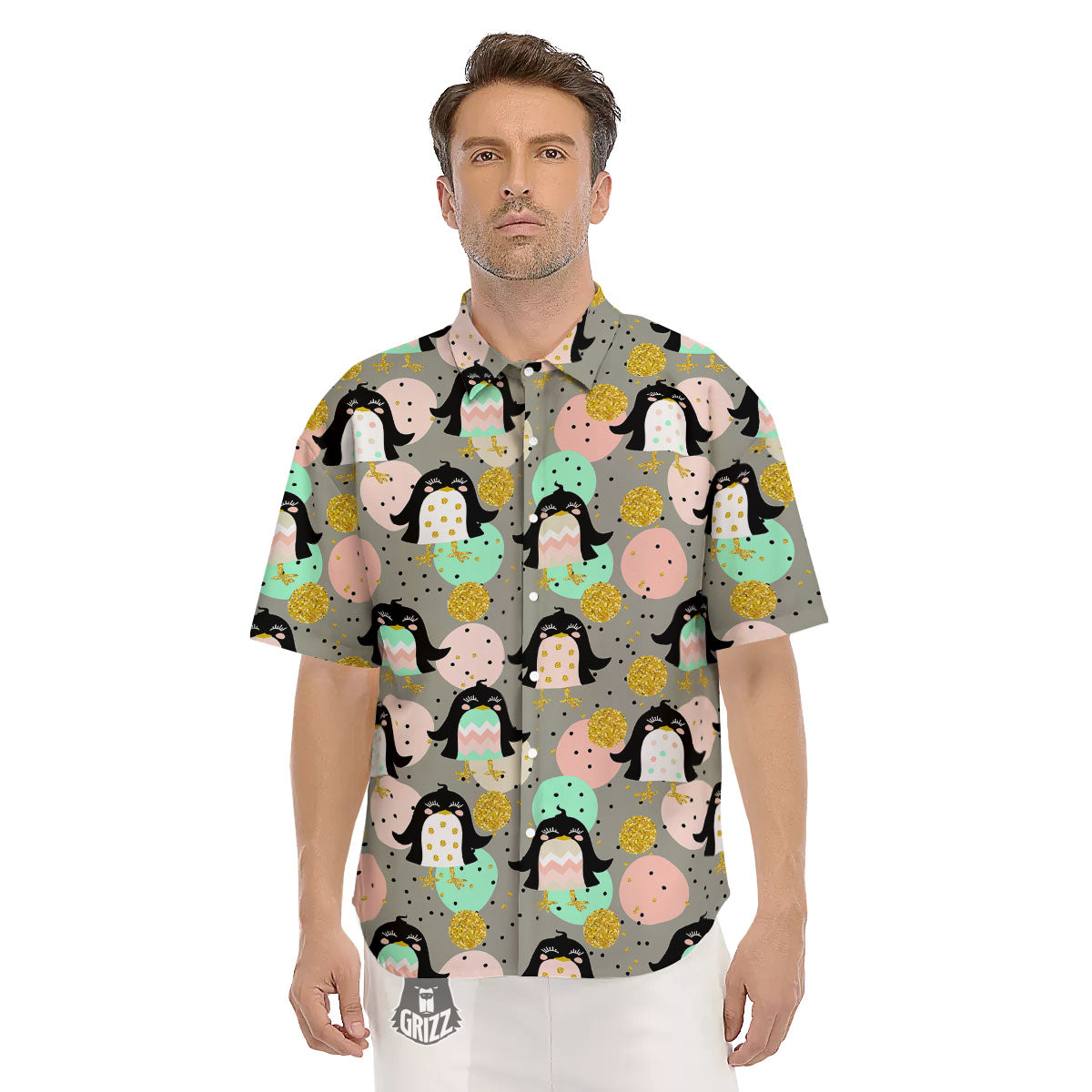 Penguin Pink Polka Print Pattern Men's Short Sleeve Shirts-grizzshop