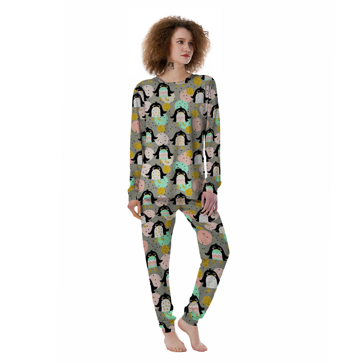 Penguin Pink Polka Print Pattern Women's Pajamas-grizzshop