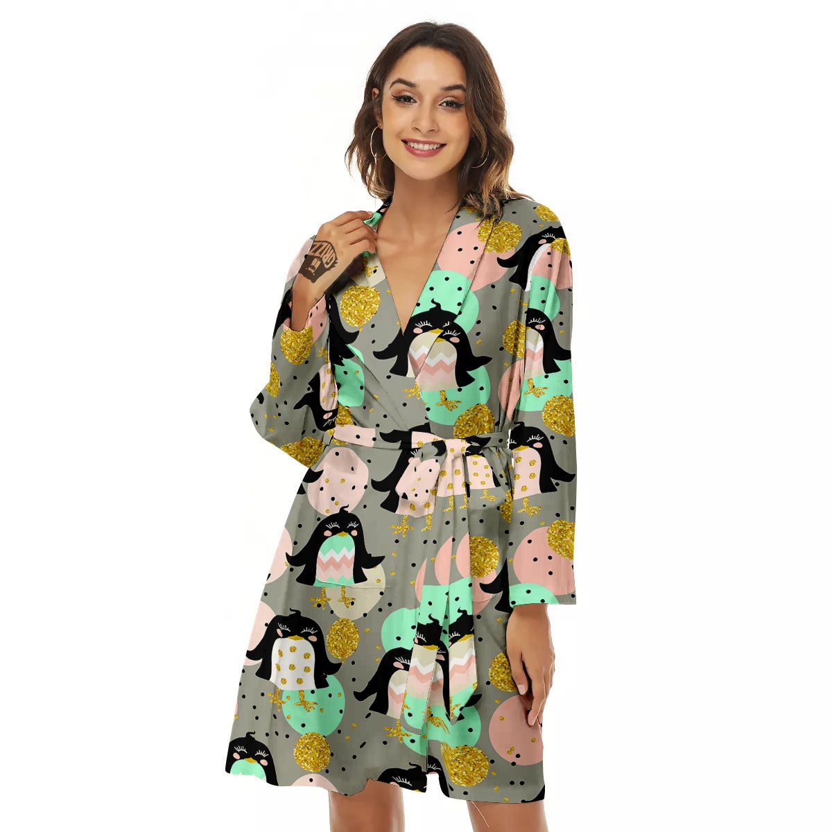 Penguin Pink Polka Print Pattern Women's Robe-grizzshop
