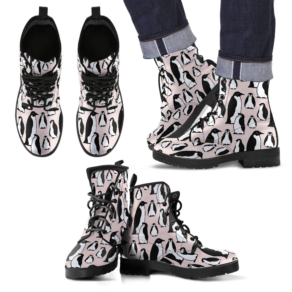 Penguin Print Pattern Men Women Leather Boots-grizzshop