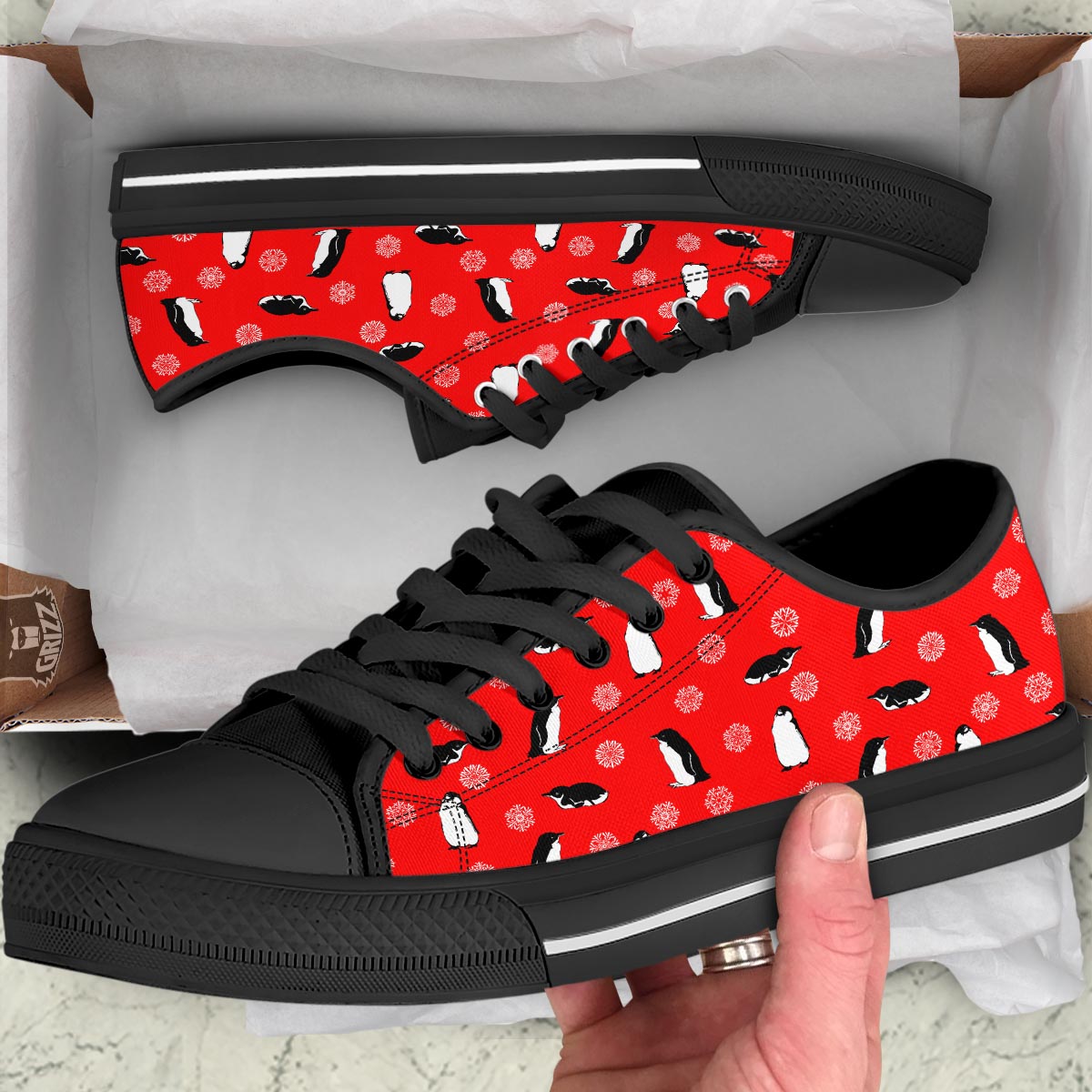 Penguin Red Snow Print Pattern Black Low Top Shoes-grizzshop