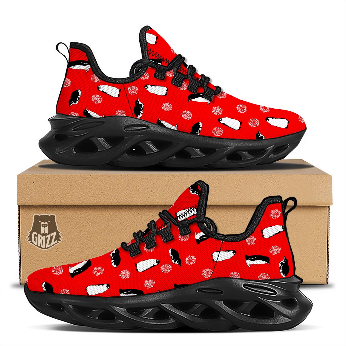 Penguin Red Snow Print Pattern Black Running Shoes-grizzshop