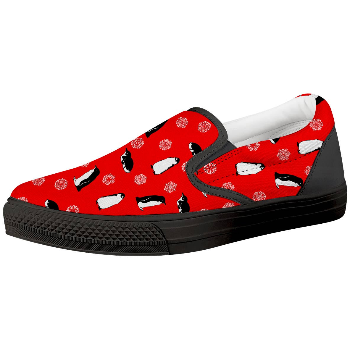 Penguin Red Snow Print Pattern Black Slip On Shoes-grizzshop