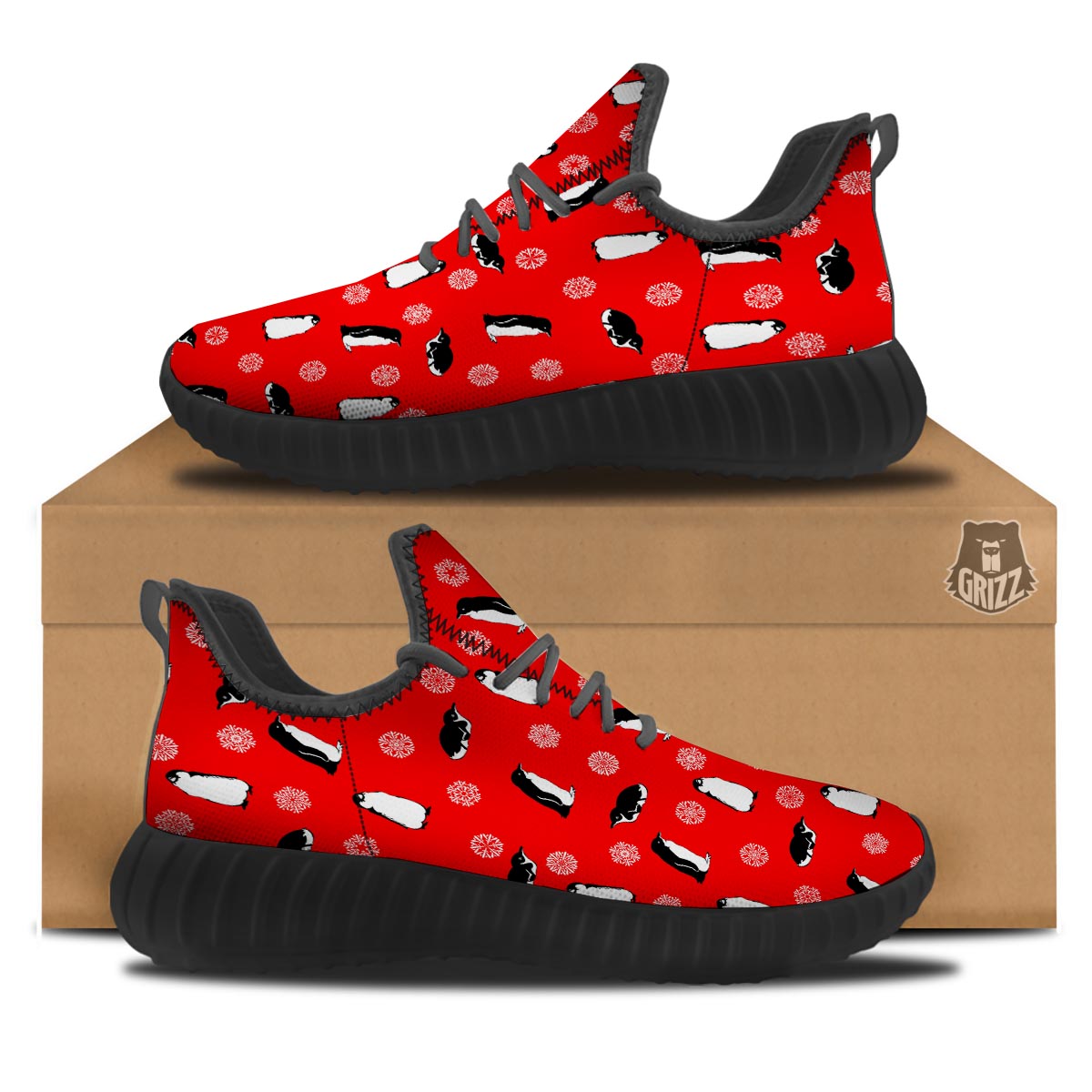 Penguin Red Snow Print Pattern Black Walking Shoes-grizzshop