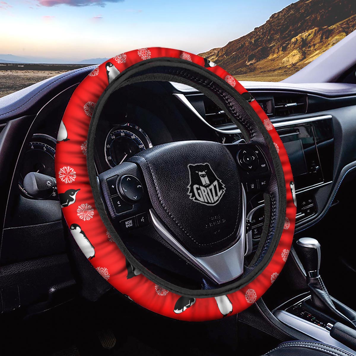 Penguin Red Snow Print Pattern Car Steering Wheel Cover-grizzshop