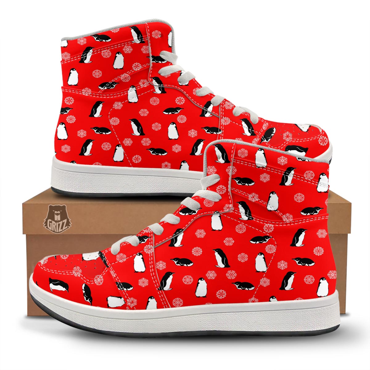 Penguin Red Snow Print Pattern High Top Sneakers-grizzshop