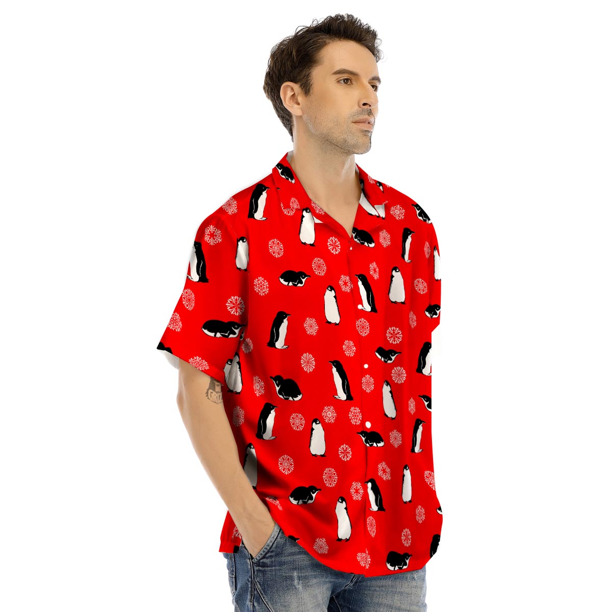 Penguin Red Snow Print Pattern Men's Hawaiian Shirt-grizzshop