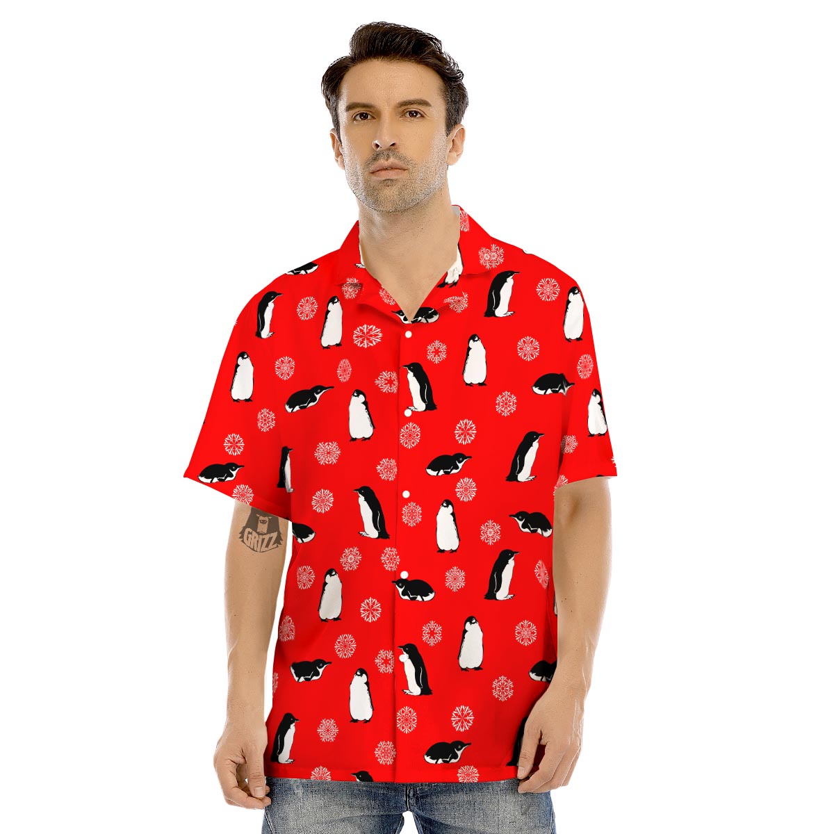 Penguin Red Snow Print Pattern Men's Hawaiian Shirt-grizzshop