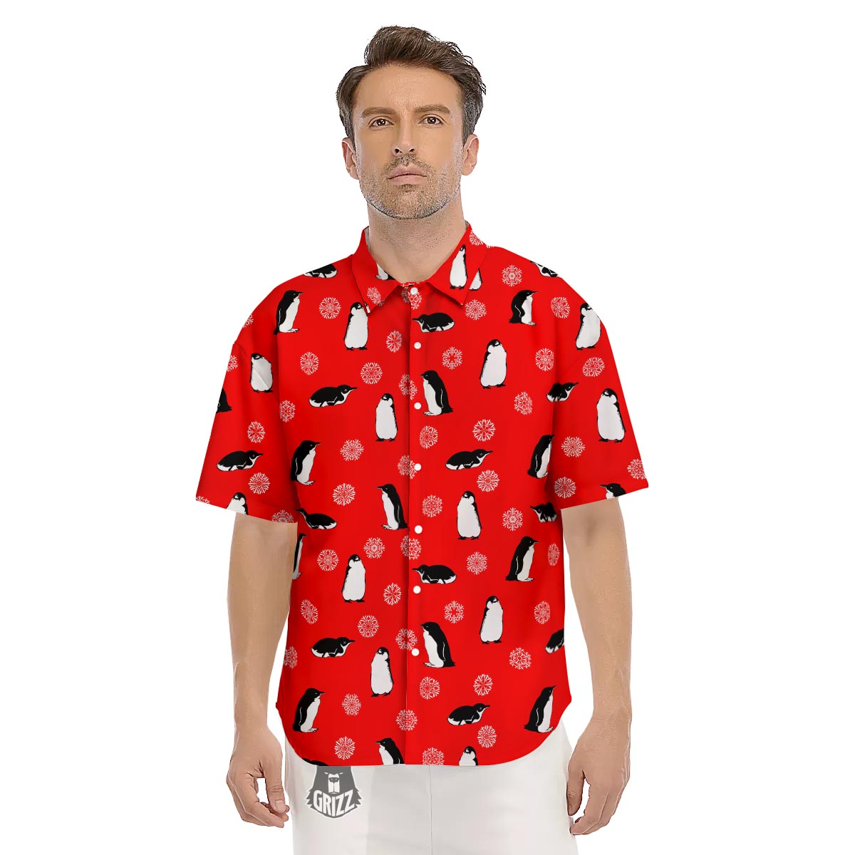 Penguin Red Snow Print Pattern Men's Short Sleeve Shirts-grizzshop