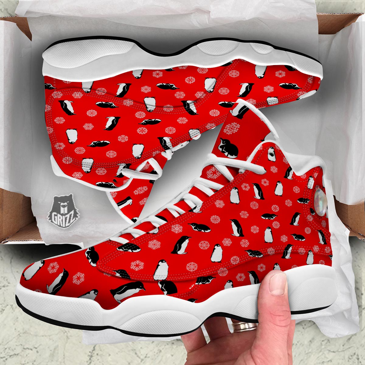 Penguin Red Snow Print Pattern White Basketball Shoes-grizzshop