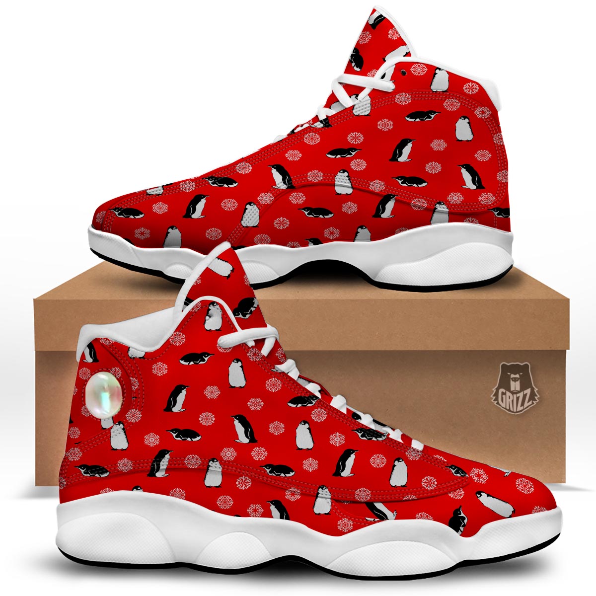 Penguin Red Snow Print Pattern White Basketball Shoes-grizzshop