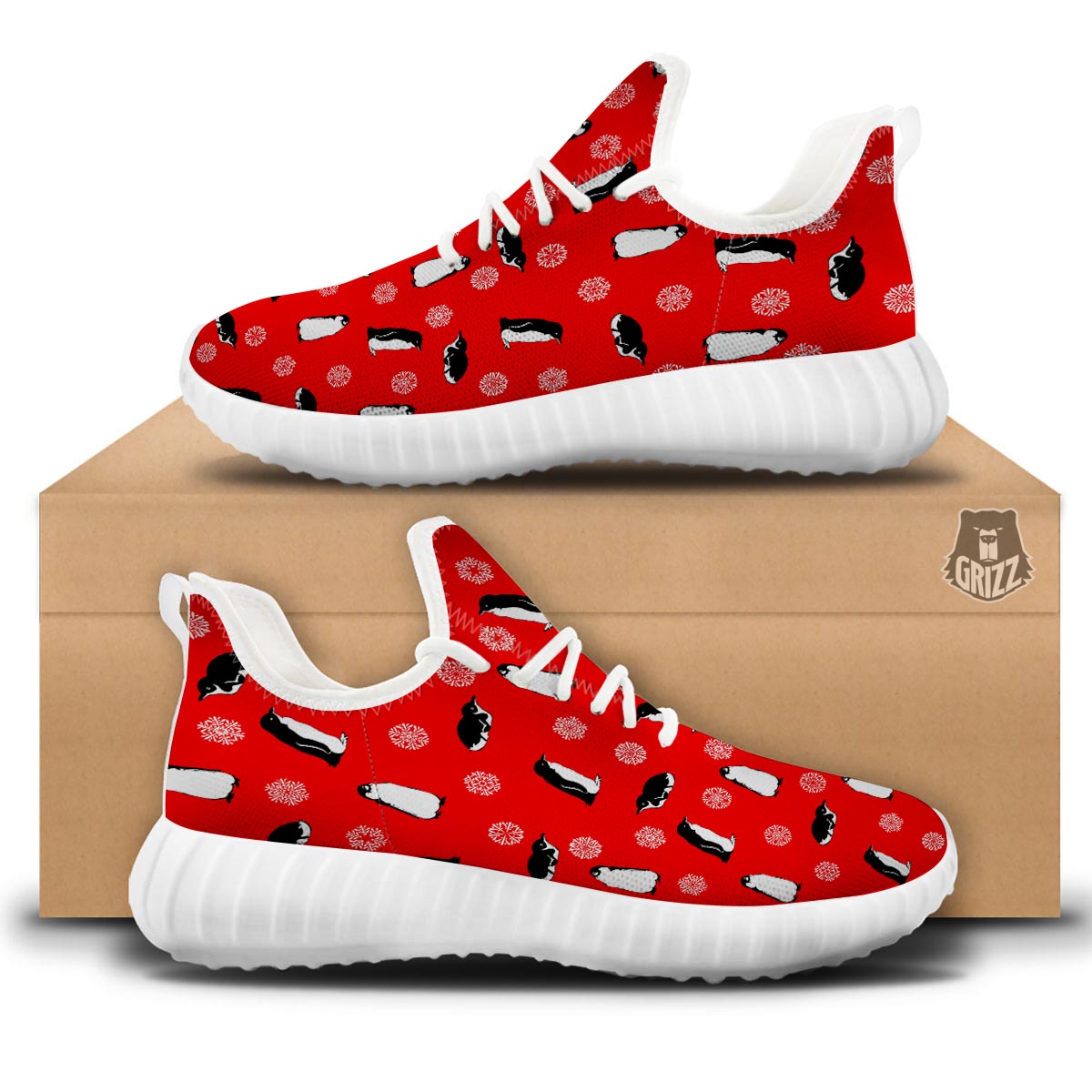 Penguin Red Snow Print Pattern White Walking Shoes-grizzshop