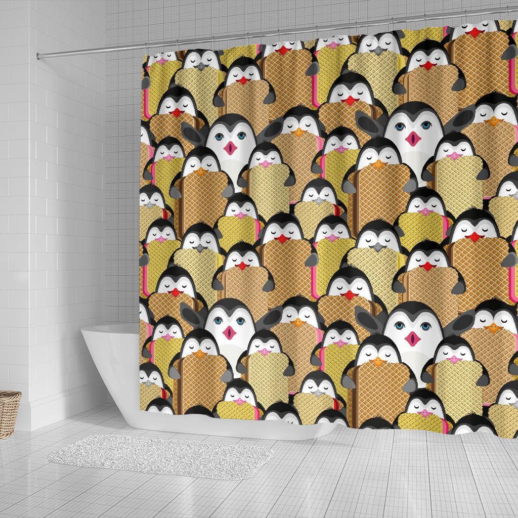 Penguin Waffle Pattern Print Bathroom Shower Curtain-grizzshop