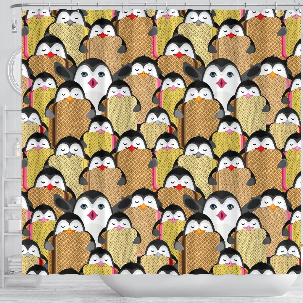 Penguin Waffle Pattern Print Bathroom Shower Curtain-grizzshop