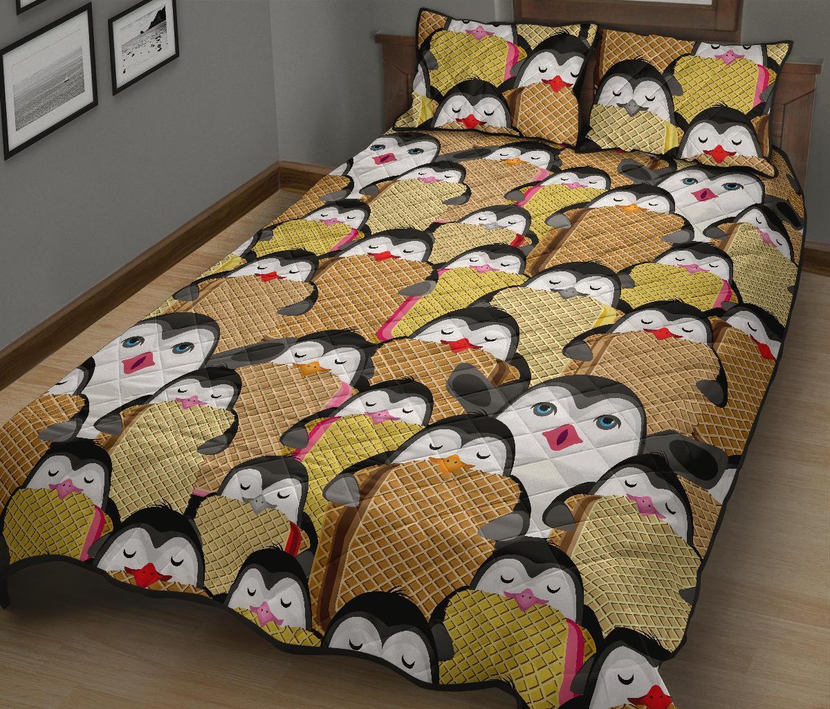 Penguin Waffle Pattern Print Bed Set Quilt-grizzshop