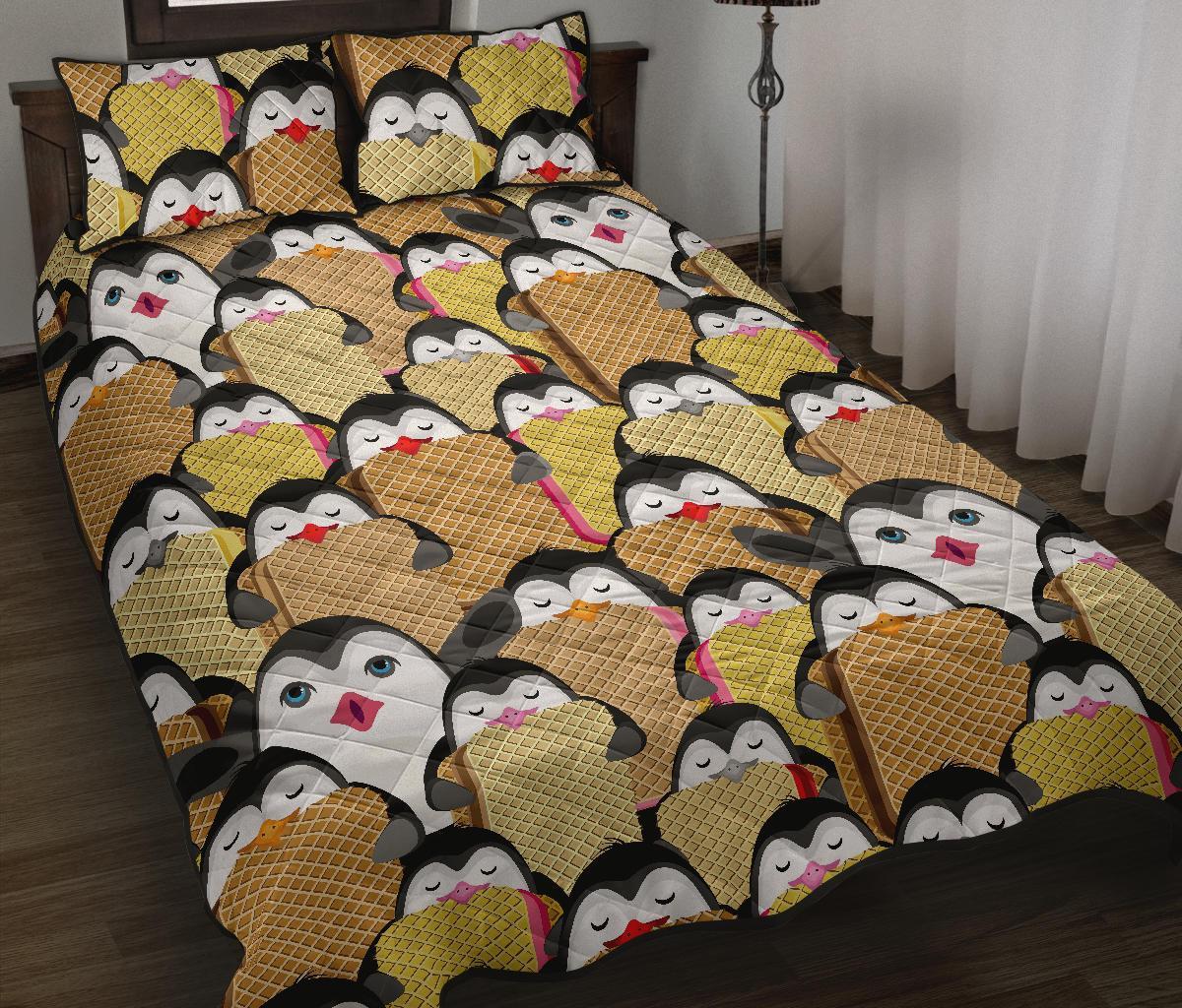 Penguin Waffle Pattern Print Bed Set Quilt-grizzshop