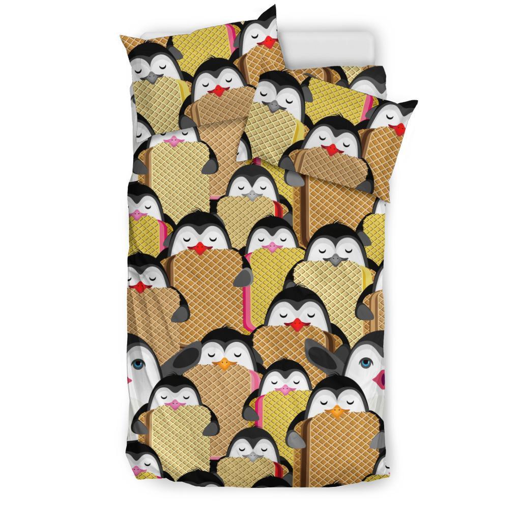 Penguin Waffle Pattern Print Duvet Cover Bedding Set-grizzshop