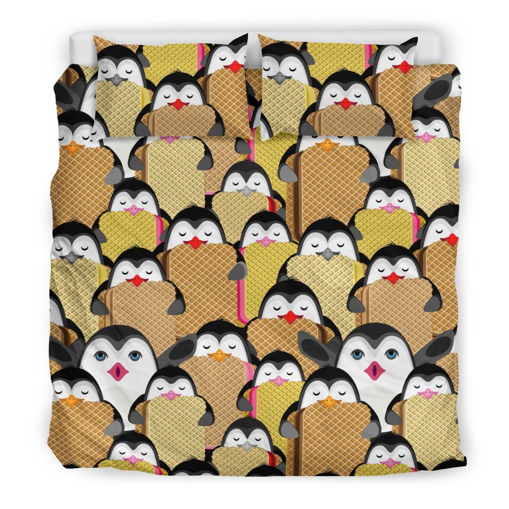 Penguin Waffle Pattern Print Duvet Cover Bedding Set-grizzshop