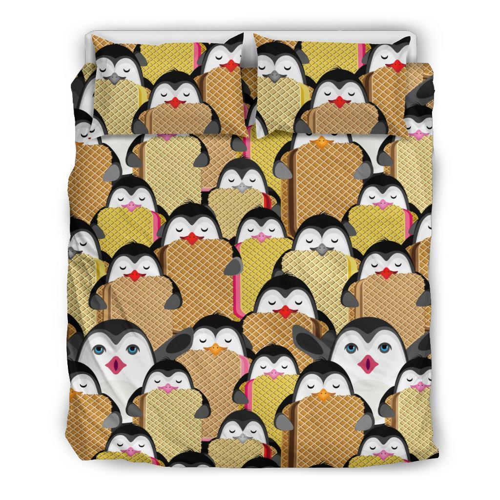 Penguin Waffle Pattern Print Duvet Cover Bedding Set-grizzshop