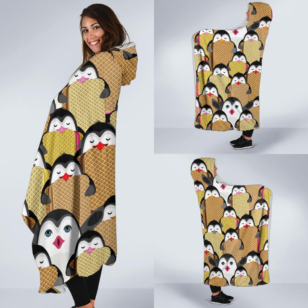 Penguin Waffle Pattern Print Hooded Blanket-grizzshop