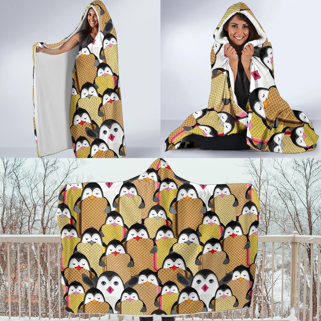 Penguin Waffle Pattern Print Hooded Blanket-grizzshop