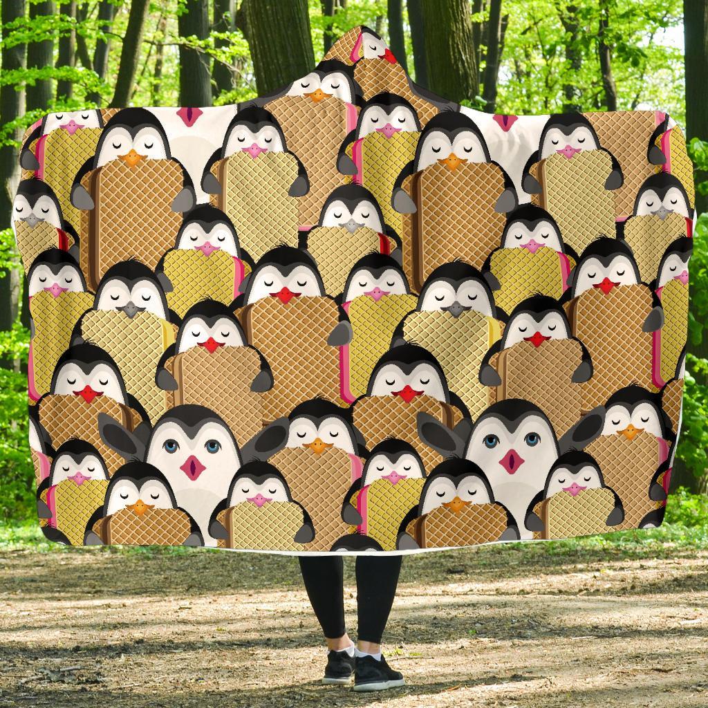 Penguin Waffle Pattern Print Hooded Blanket-grizzshop