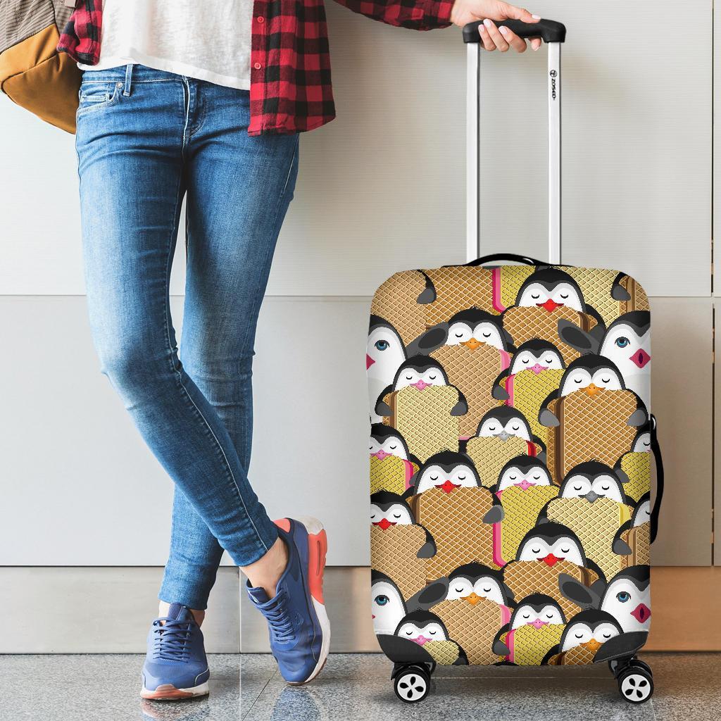 Penguin Waffle Pattern Print Luggage Cover Protector-grizzshop