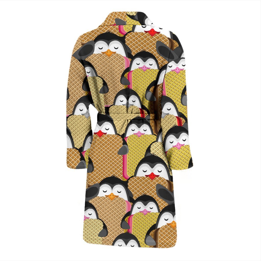 Penguin Waffle Pattern Print Men Long Robe-grizzshop