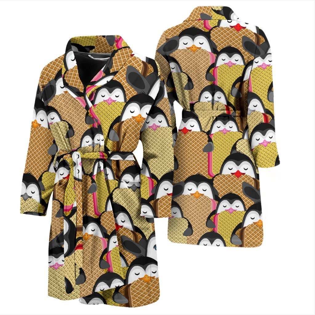 Penguin Waffle Pattern Print Men Long Robe-grizzshop