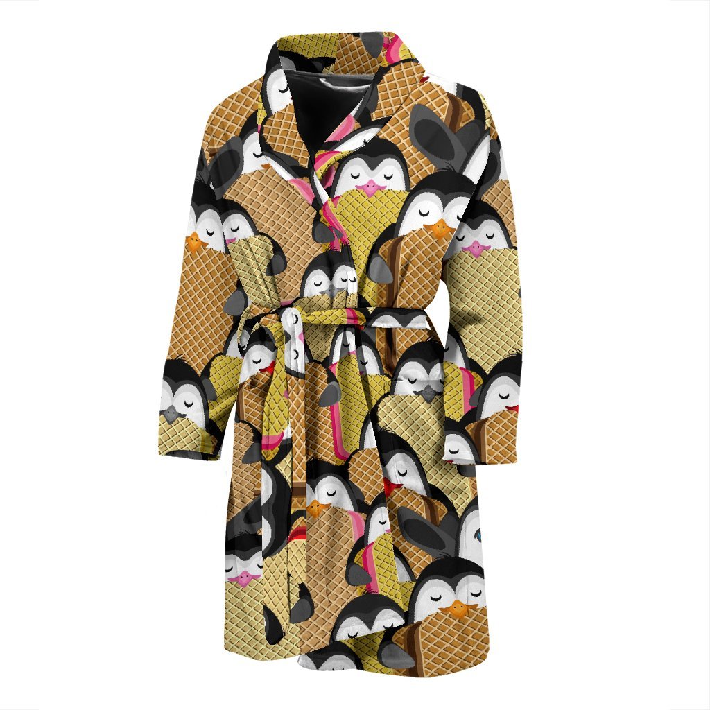 Penguin Waffle Pattern Print Men Long Robe-grizzshop