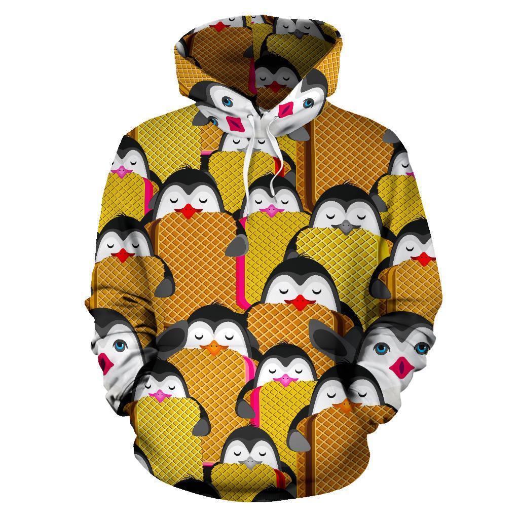 Penguin Waffle Pattern Print Men Women Pullover Hoodie-grizzshop