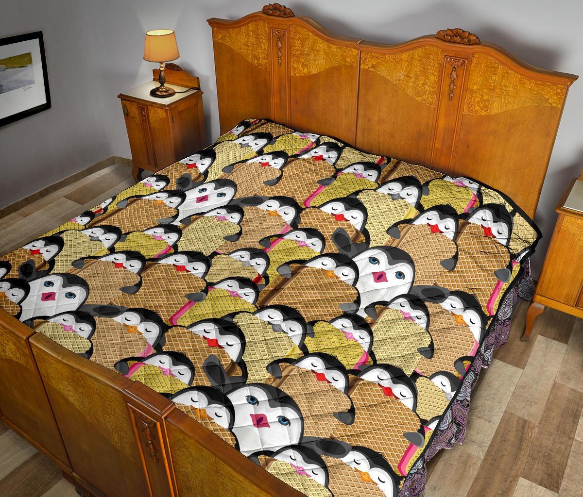 Penguin Waffle Pattern Print Quilt-grizzshop