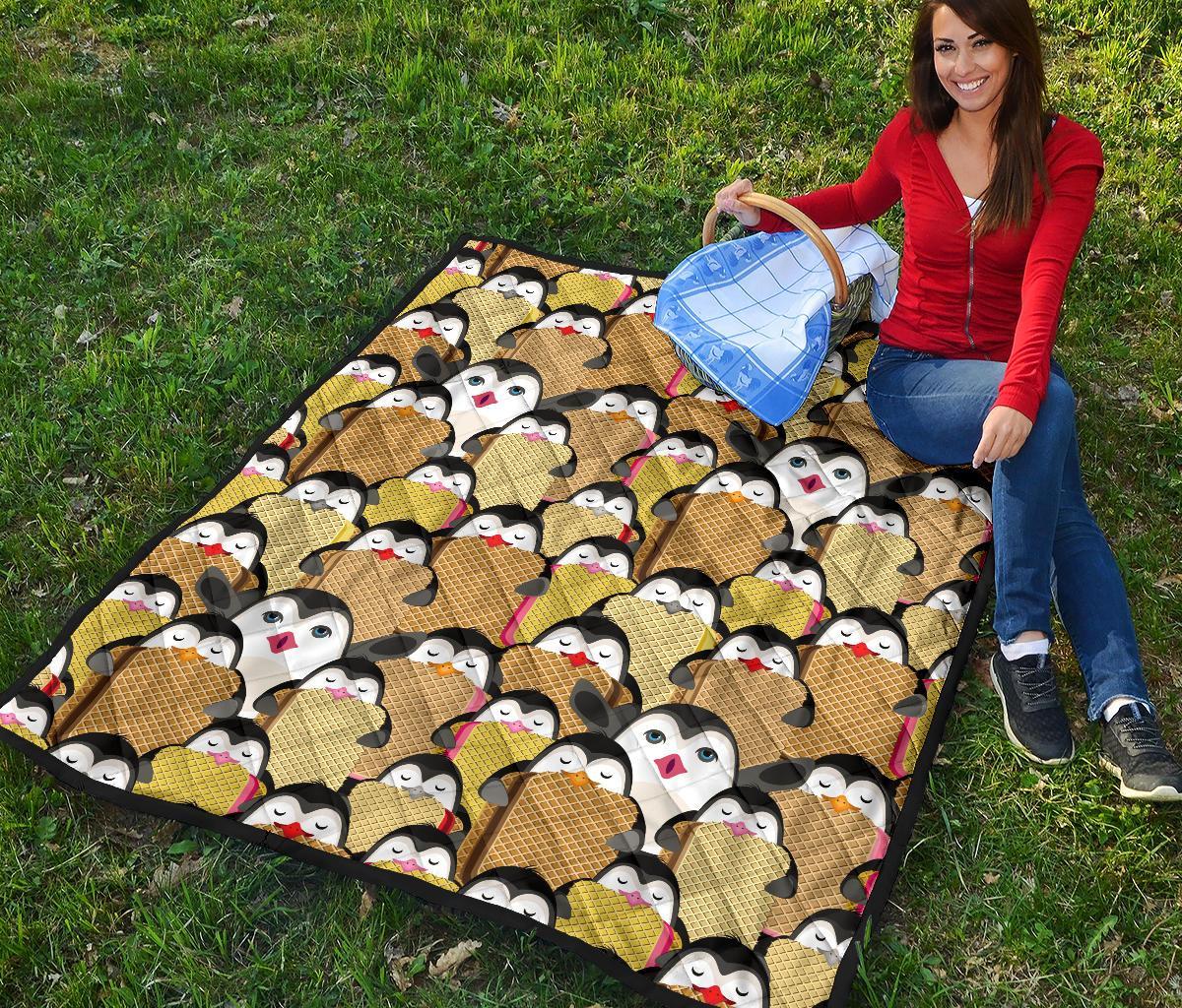 Penguin Waffle Pattern Print Quilt-grizzshop