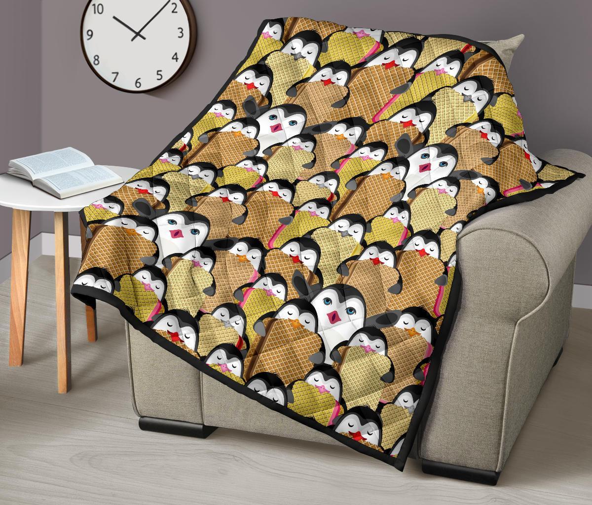 Penguin Waffle Pattern Print Quilt-grizzshop