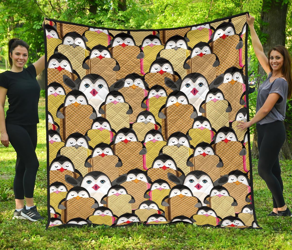 Penguin Waffle Pattern Print Quilt-grizzshop