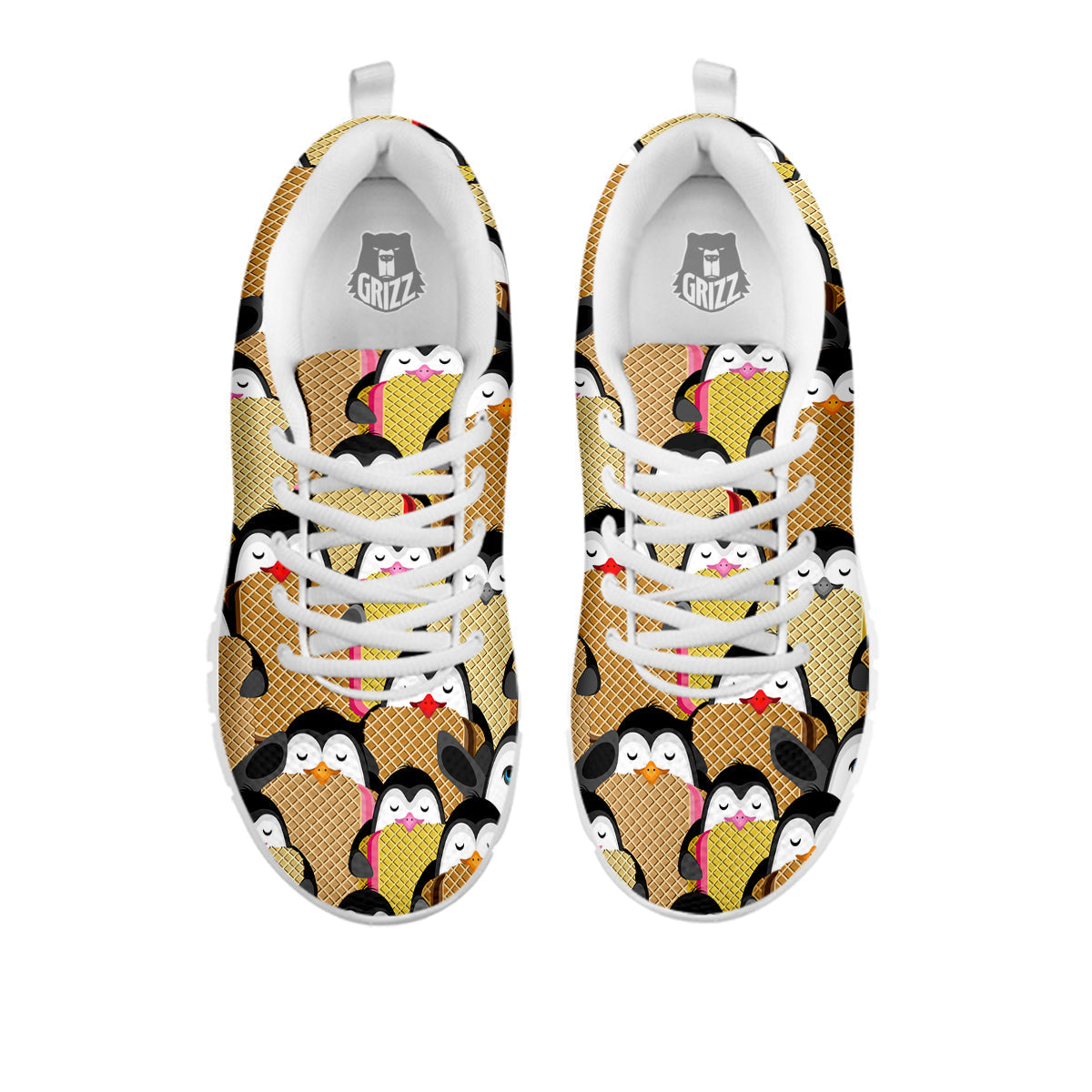 Penguin Waffle Pattern Print White Sneaker Shoes For Men Women-grizzshop