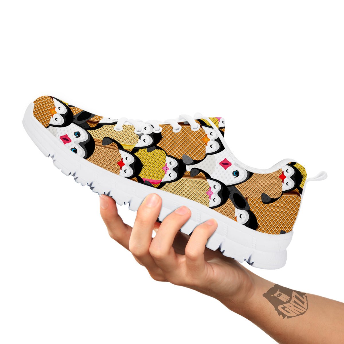 Penguin Waffle Pattern Print White Sneaker Shoes For Men Women-grizzshop