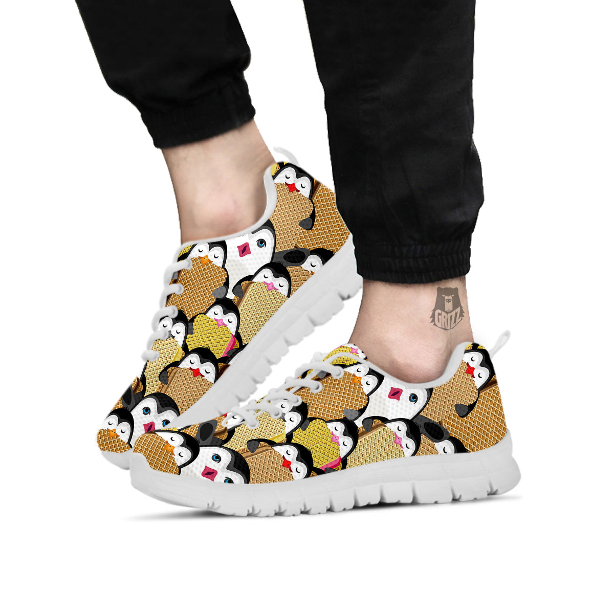 Penguin Waffle Pattern Print White Sneaker Shoes For Men Women-grizzshop